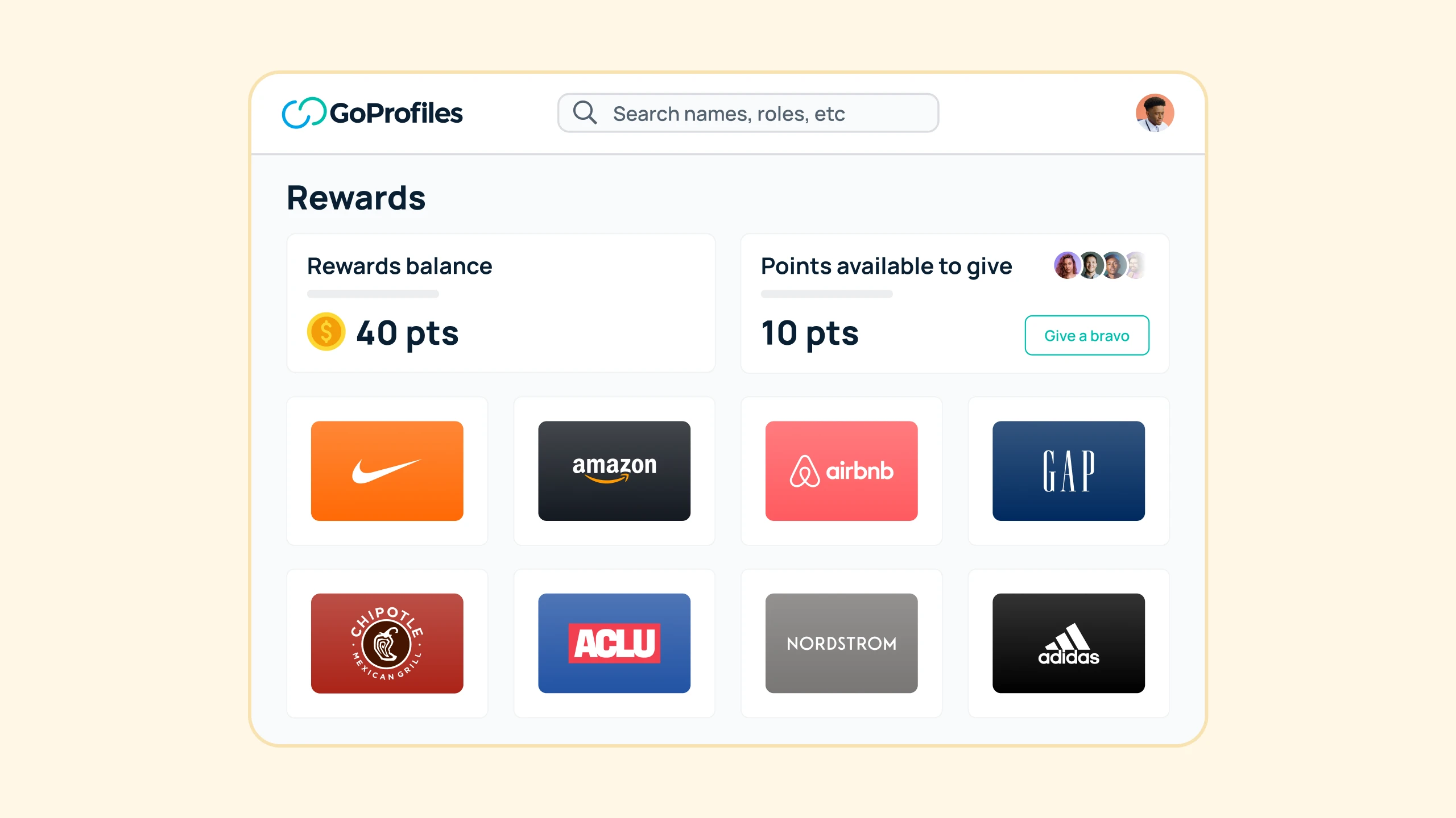 GoProfiles | GoProfiles allows you to set custom employee rewards that team members can give and redeem for gift cards, charitable donations, and more.