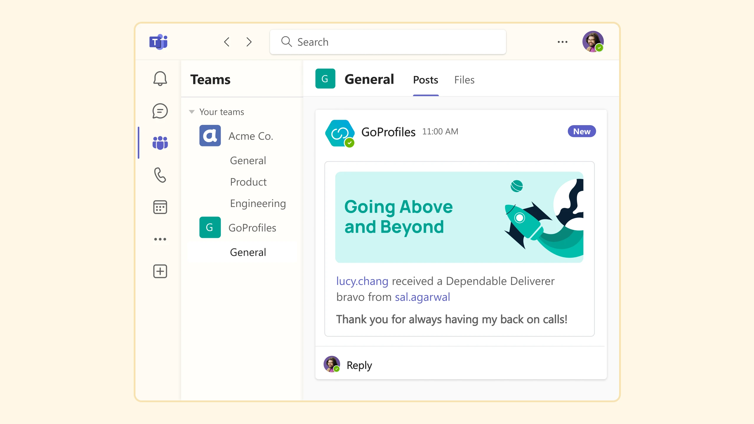 GoProfiles for Employee Engagement | Share peer recognition through Bravos directly inside specific Microsoft Teams channels for great visibility.
