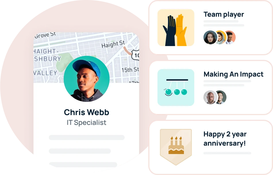 Peer recognition and achievements on employee profiles 